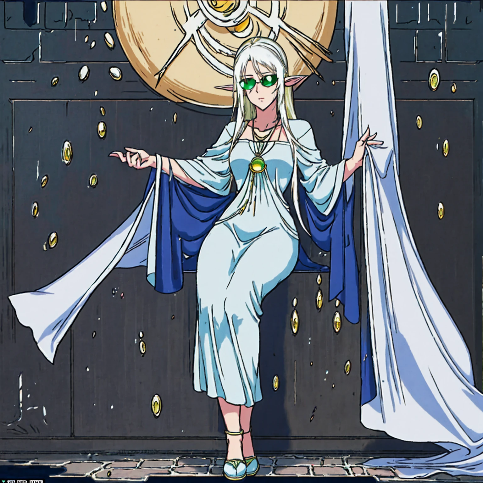Scene: A lone female elf with white, glowing skin stands in a foggy alleyway. Rain pours down, casting a sheen on the wet cobblestones. Neon signs from nearby streets bleed through the fog, creating an otherworldly glow.
Character: The elf has long, flowing white hair and piercing eyes narrowed in concentration, a shadow cast over them. She wears an elegant, flowing long dress and leans casually against a brick wall. Her fingers are crossed, a gesture hinting at hope or nervousness. Aviator sunglasses perched on her nose add a touch of mystery.
Image Quality: The image is rendered in stunning 8K detail, capturing every raindrop and the intricate details of the elf's clothing and features.