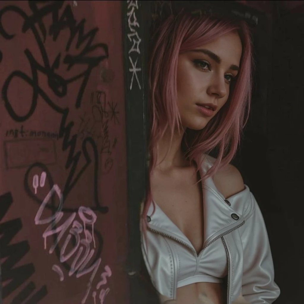 (())), 25-year-old Caucasian French girl with shoulder-length messy pink hair, adorned with ,  hair l . Captured in the best quality, this illustration serves as a 4K wallpaper,white black leather jacket, pink bra, black leggins