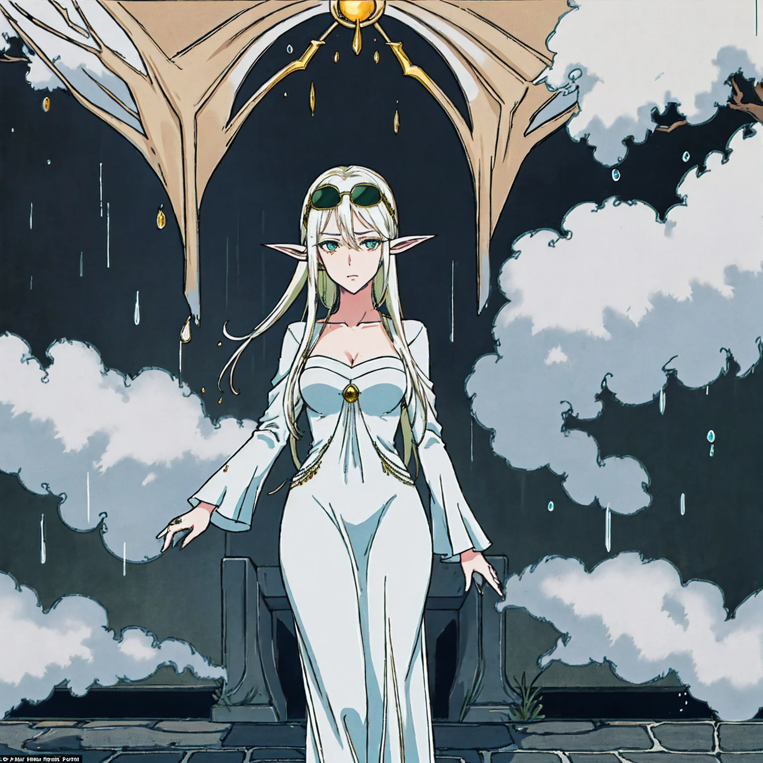 Scene: A lone female elf with white, glowing skin stands in a foggy alleyway. Rain pours down, casting a sheen on the wet cobblestones. Neon signs from nearby streets bleed through the fog, creating an otherworldly glow.
Character: The elf has long, flowing white hair and piercing eyes narrowed in concentration, a shadow cast over them. She wears an elegant, flowing long dress and leans casually against a brick wall. Her fingers are crossed, a gesture hinting at hope or nervousness. Aviator sunglasses perched on her nose add a touch of mystery.
Image Quality: The image is rendered in stunning 8K detail, capturing every raindrop and the intricate details of the elf's clothing and features.