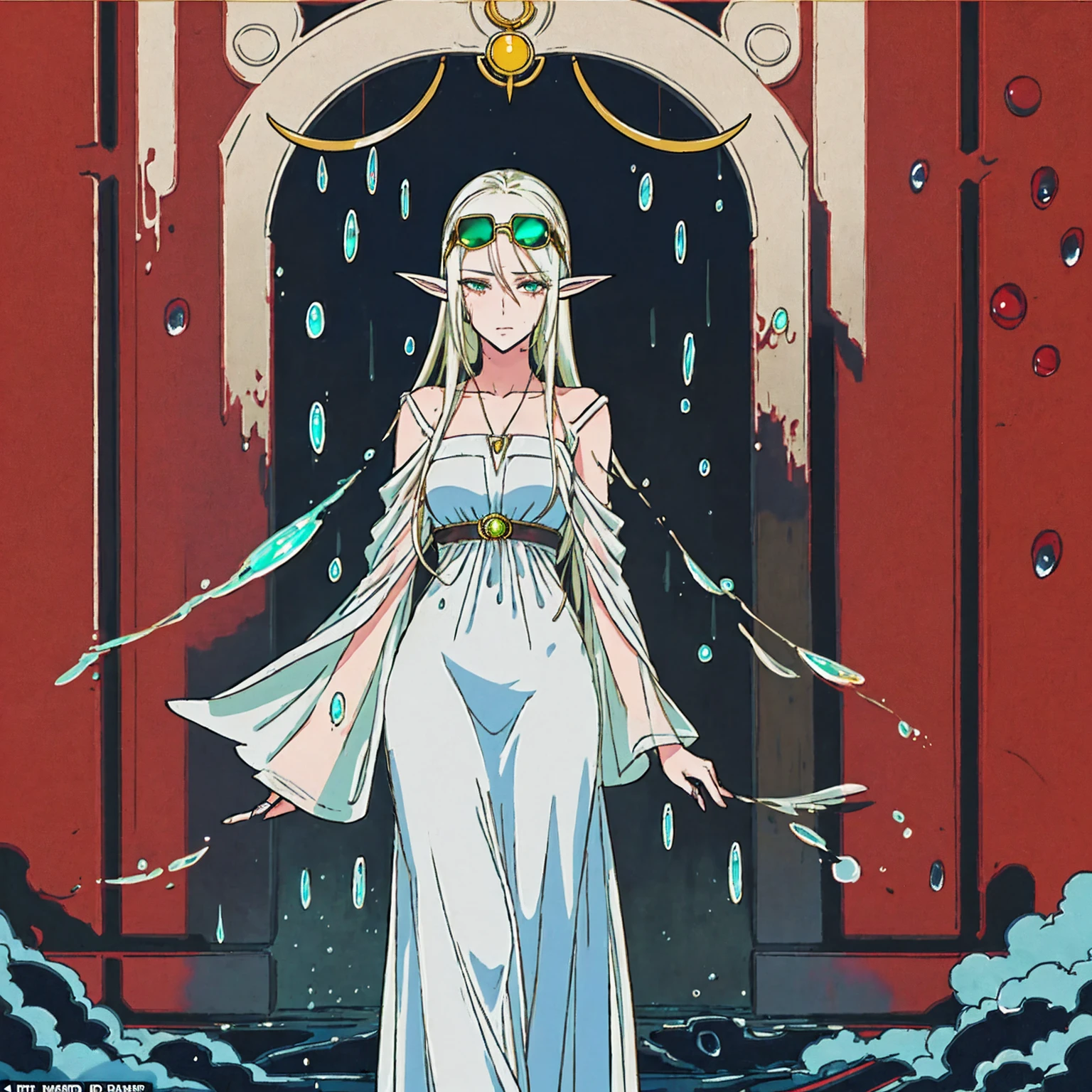 Scene: A lone female elf with white, glowing skin stands in a foggy alleyway. Rain pours down, casting a sheen on the wet cobblestones. Neon signs from nearby streets bleed through the fog, creating an otherworldly glow.

Character: The elf has long, flowing white hair and piercing eyes narrowed in concentration, a shadow cast over them. She wears an elegant, flowing long dress and leans casually against a brick wall. Her fingers are crossed, a gesture hinting at hope or nervousness. Aviator sunglasses perched on her nose add a touch of mystery.

Image Quality: The image is rendered in stunning 8K detail, capturing every raindrop and the intricate details of the elf's clothing and features.