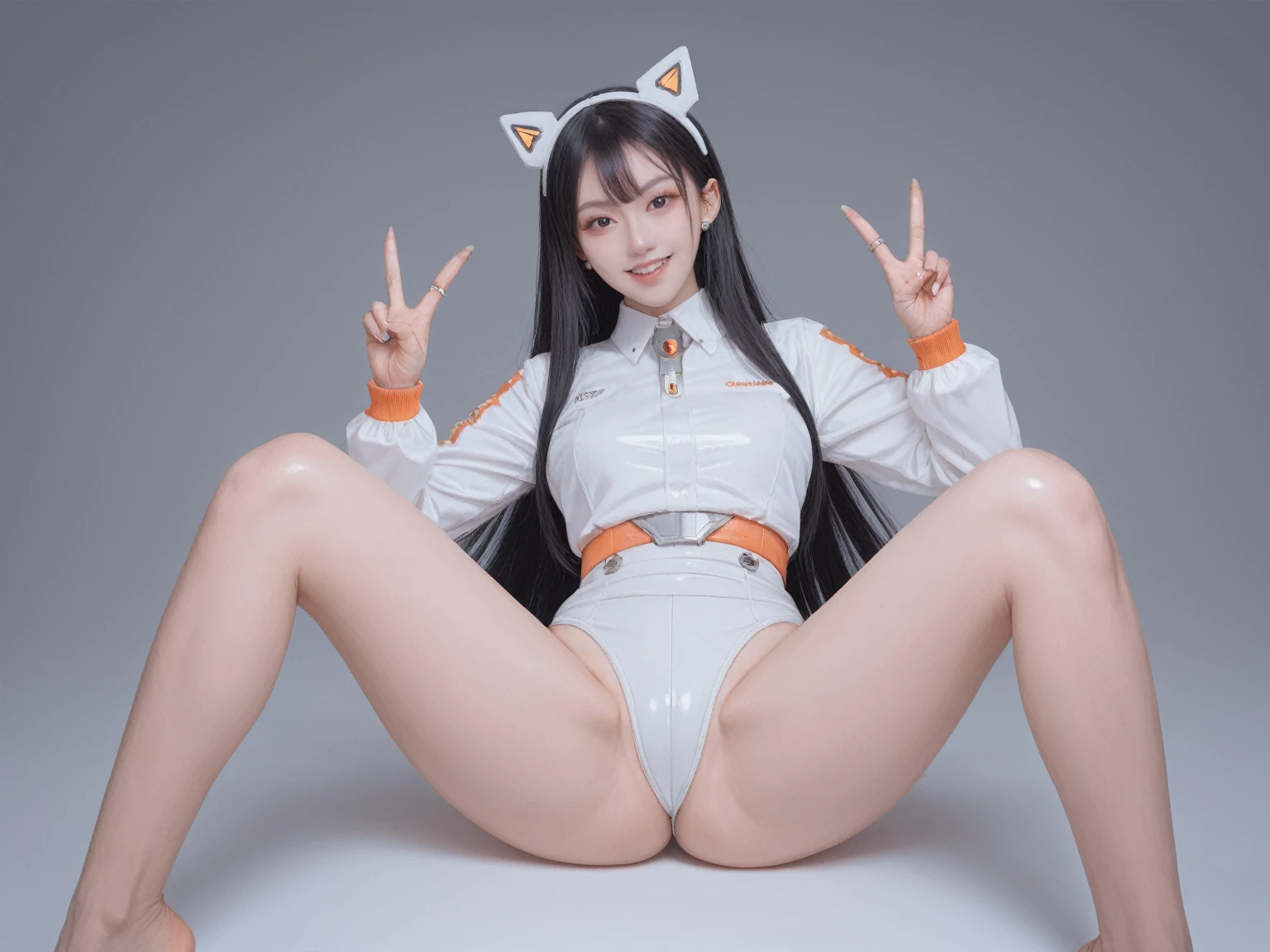 score_9,score_8_up,score_7_up,8k, 1girl,solo,spread legs,android,very long hair, Give a V victory sign,