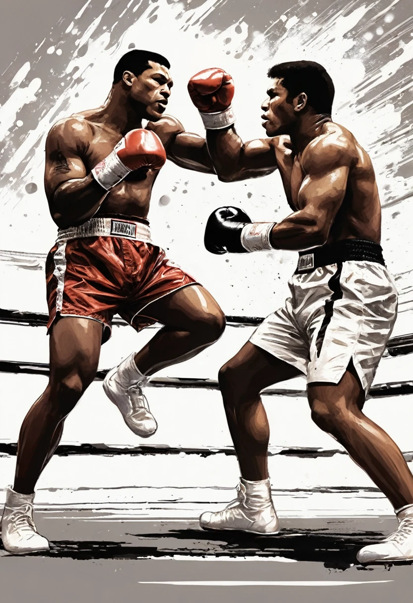 two boxers fighting. ultra define Mike Tyson with black shorts and Muhammad Ali with whit shorts. full body, drawn in attestation style HD