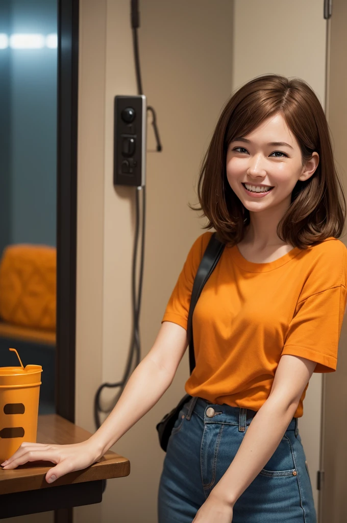 I want a photo of an emotion from the Pixar movie. And one with brown hair, orange skin and is holding a cell phone, She is happy.