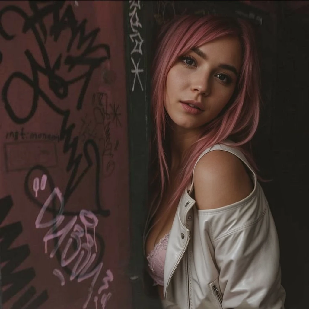 (())), 25-year-old Caucasian French girl with shoulder-length messy pink hair, adorned with , hair l . Captured in the best quality, this illustration serves as a 4K wallpaper,white black leather jacket, pink bra, black leggins