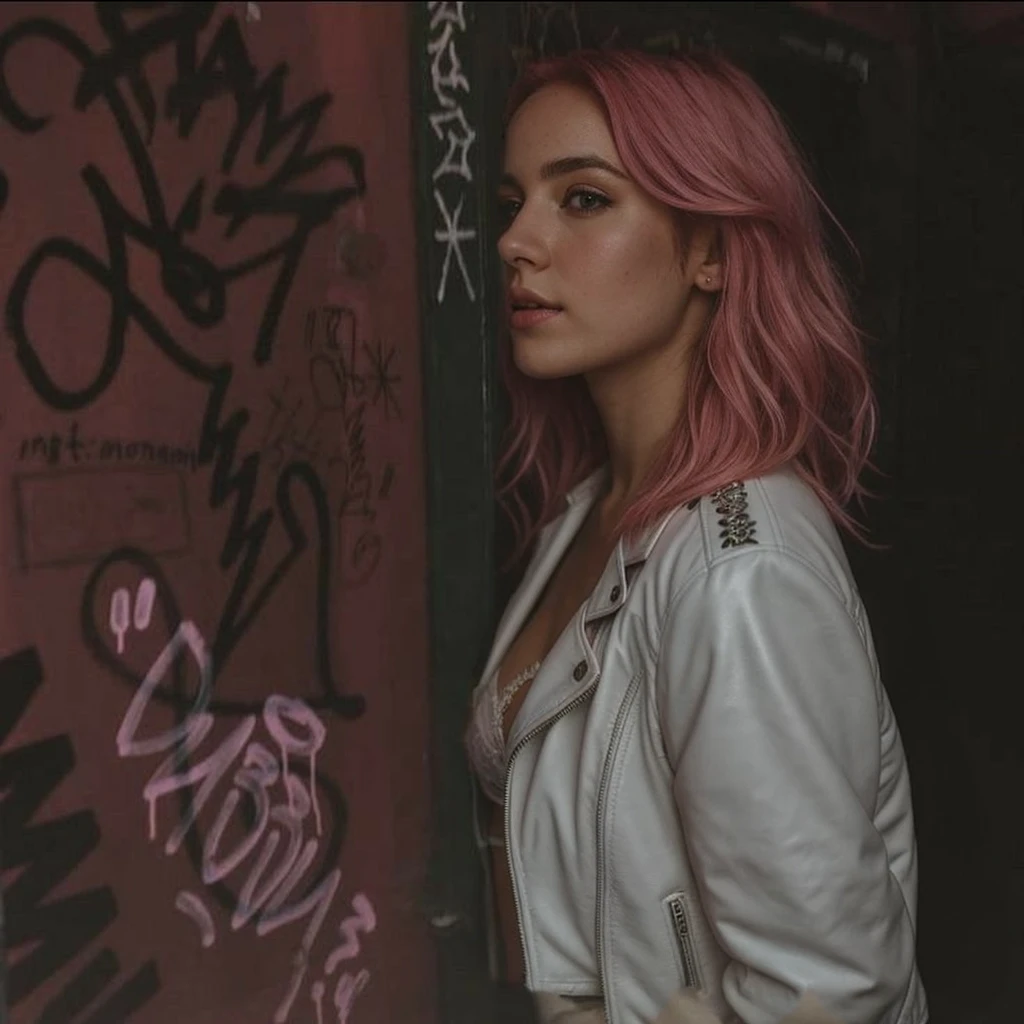(())), 25-year-old Caucasian French girl with shoulder-length messy pink hair, adorned with ,  hair l . Captured in the best quality, this illustration serves as a 4K wallpaper,white black leather jacket, pink bra, black leggins