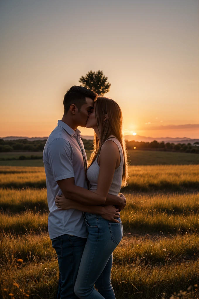 Photograph of a couple kissing, a man holding a woman in his arms in a romantic moment, open field scenery at sunset, 8k, super detailed, super defined, maximum quality
