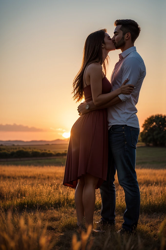 Photograph of a couple kissing, a man holding a woman in his arms in a romantic moment, open field scenery at sunset, 8k, super detailed, super defined, maximum quality 