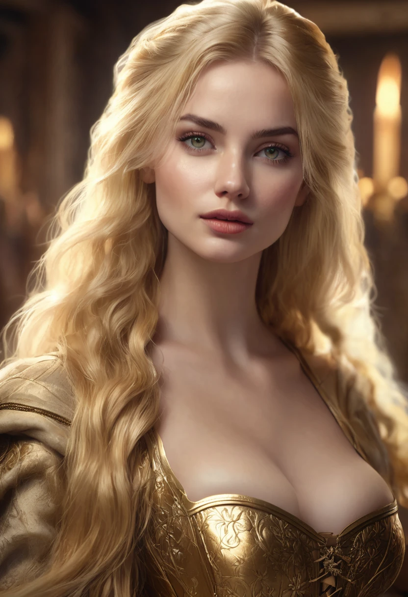 1 woman, inside a simple medieval room, wearing medieval golden corset, detailed facial features, golden and feminine eyes, detailed fair skin, very long length messy gold blonde hair, strong and slightly soft expression, dramatic lighting, cinematic composition, palette warm-colored, atmospheric fog, beautiful face, thin chin, beautiful woman with slender body (best quality, 4K, 8K, high resolution, art: 1.2), ultra-detailed, (realistic, photorealistic, photorealistic: 1.37)