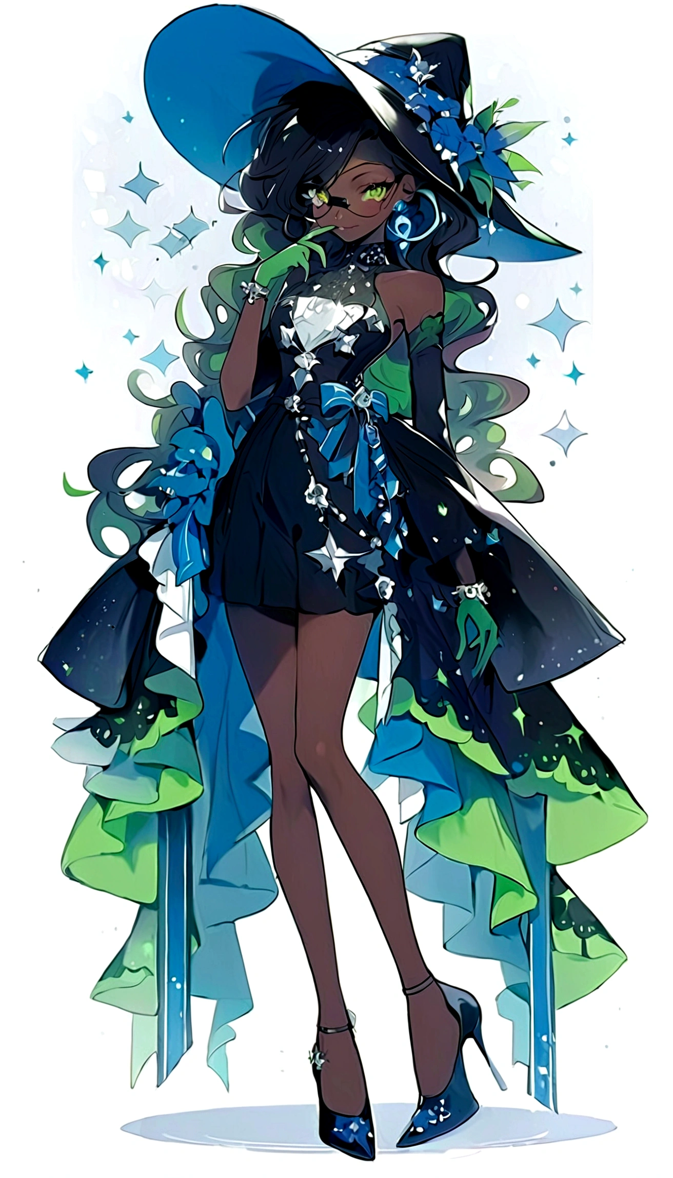 1girl, (solo), anime girl with long black hair and green eyes, girl in fancy dress, ((eyepatch)), pointed ears, ((vampire)), smirk, smu, closed mouth, cowboy shot, perfect white haired girl, white haired deity, digital cyberpunk anime art, turtleneck, lens flare, ((dramatic lighting)), soft glowing red eyes, extremely detailed, masterpiece, looking at viewer, city in background, (night)