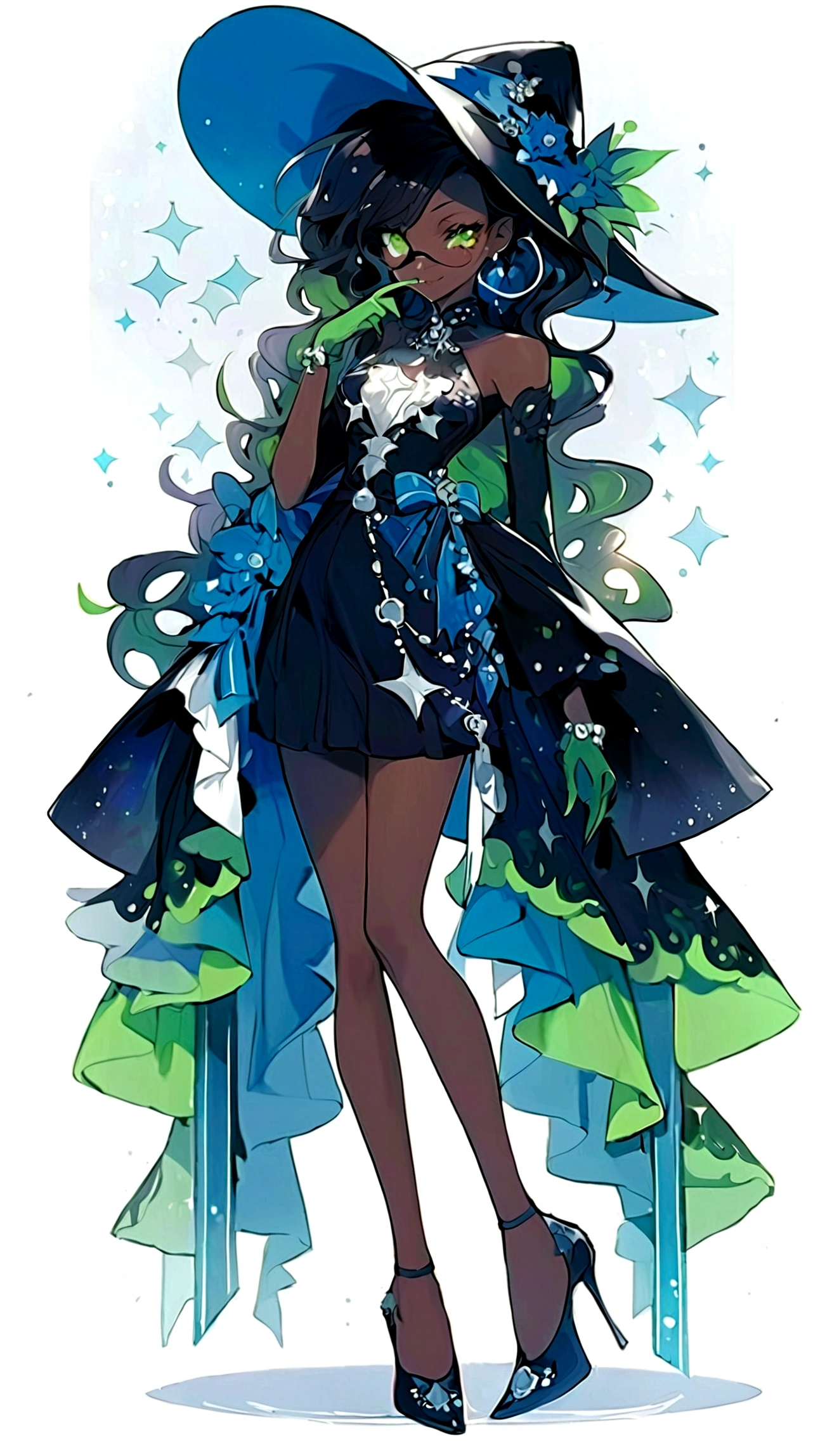 1girl, (solo), anime girl with long black hair and green eyes, girl in fancy dress, ((eyepatch)), pointed ears, ((vampire)), smirk, smu, closed mouth, cowboy shot, perfect white haired girl, white haired deity, digital cyberpunk anime art, turtleneck, lens flare, ((dramatic lighting)), soft glowing red eyes, extremely detailed, masterpiece, looking at viewer, city in background, (night)