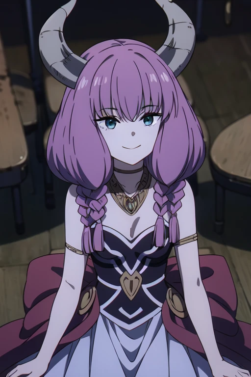 ((Best quality))), ((Ultra-detailed)), ((illustration)), ((Disheveled hair)), ((frilld)), (1 girl), (Solo), 1girl,bangs,blonde_hair,blunt_bangs,blurry,blurry_foreground,bow,crown,depth_of_field,dress,indoors,jewelry,long_hair,photo_(medium),pov,sitting,smile,solo_focus,tiara,rating:safe,Princess_dress, pink hair,grey hair,Horns,