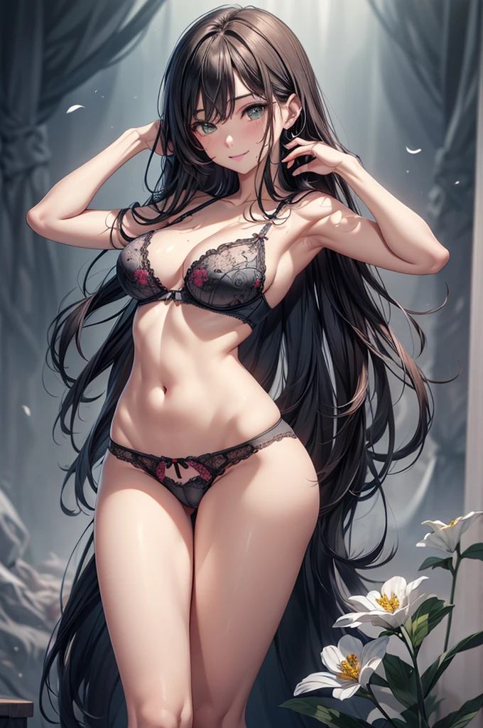 (masterpiece:1.3, Highest quality, Ultra-high resolution, Super detailed), (Realistic, photoRealistic:1.4), Beautiful illustrations, Perfect lighting, colorful, Depth of written boundary, Beautiful detailed hair, Beautifully detailed face, Beautiful fine details, Beautiful clavicle, Beautiful body, Beautiful , Beautiful thighs, Beautiful feet, Beautiful fingers, View your viewers, 1 girl, Perfect Face, (Perfect Anatomy, Anatomically correct), Cute and symmetrical face, Baby Face, , Shiny skin, (Brown Hair), Hair between the eyes, Dark green eyes, Droopy eyes, Big eyes, Long Eyelashes, (((Luxury underwear)))、(((Grey floral underwear))),(bra、Embroidery pattern)、(((pantiesdery pattern)))、(Beautiful views), Bright lighting、smile、laughing,(((semen)))、(((Thle body is visible)))