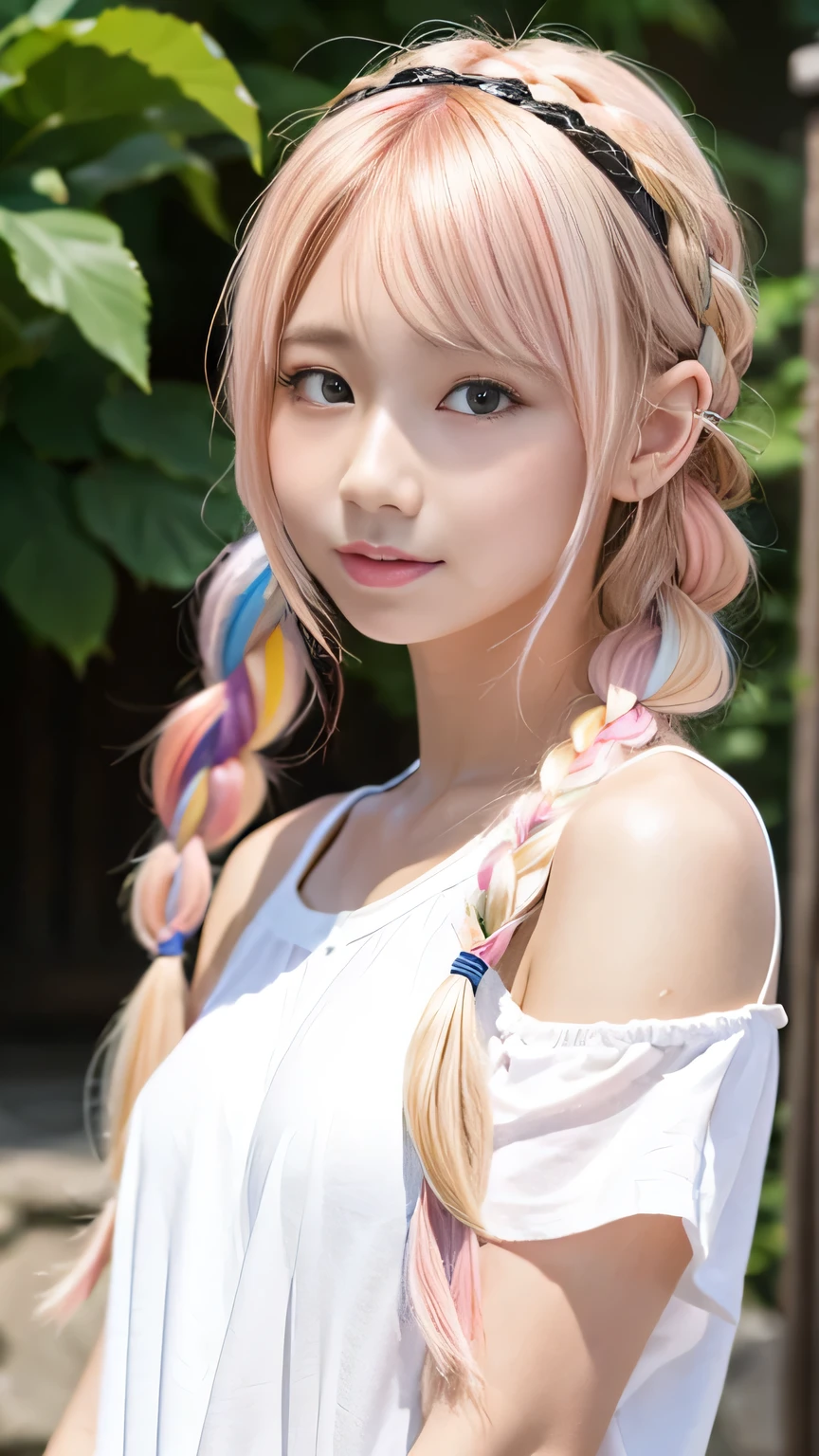 pale, Sunburned skin、Sunburn marks on Sunburned skin、Multicolored Hair、Pink Hair,blonde,Platinum Hair,Brown Hair、A cute -yeld giwith a cute expression, A strong wind blows my hair in front of my face、beautiful long blonde French braided hair、beautiful, Cute eyes hidden by long bangs、yawn、Double teeth、Reduces the appearance of nasolabial folds、