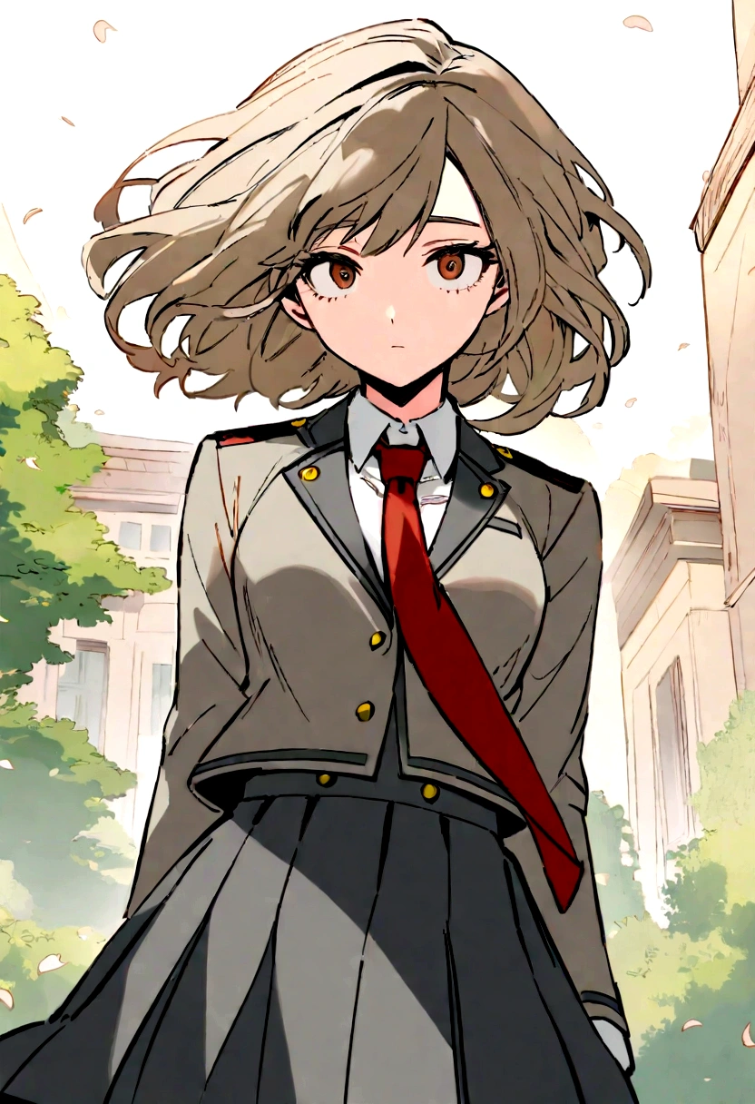 My hero academia style girl with medium long light brown broken hair,medium large eyes, with a flirtatious and challenging look, Brown eyes , UA uniform gray jacket with green details, white shirt red tie and gray skirt with green details, view from front