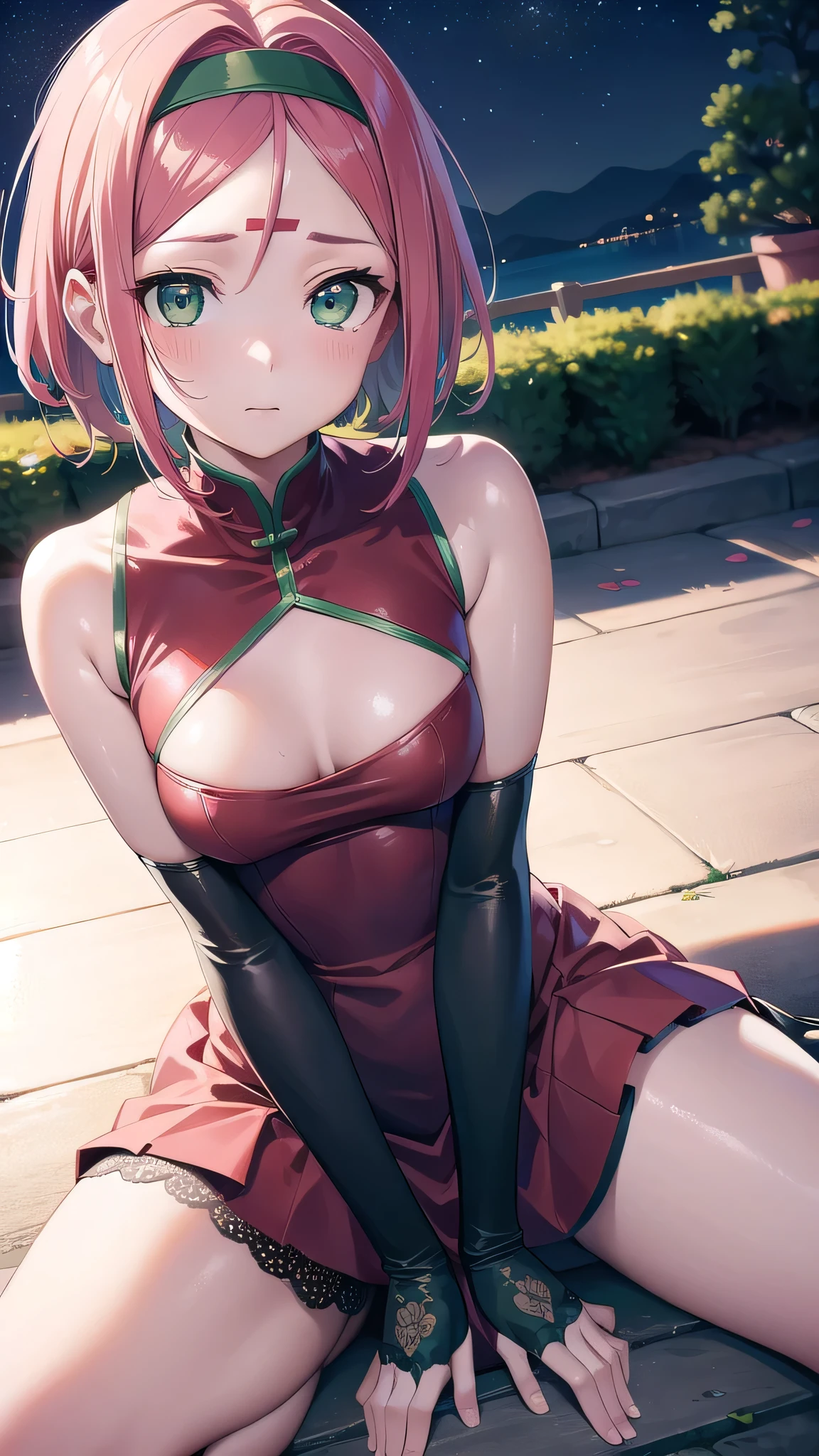 sakuraharuno, sakura haruno, short hair, bangs, (green eyes:1.5), pink hair, hairband, facial mark, (forehead mark:1.2), red hairband, (swept bangs:1.5), (small breast:1.2),
BREAK chinese clothes, dress, red dress, short skirt, gloves, black gloves, sleeveless,сleavege,neckline,nipples,
BREAK looking at viewer,
BREAK outdoors, city, nature, forest,night,stars,starfalls,
BREAK (masterpiece:1.2), best quality, high resolution, unity 8k wallpaper, (illustration:0.8), (beautiful detailed eyes:1.6), extremely detailed face, perfect lighting, extremely detailed CG, (perfect hands, perfect anatomy),from above,bend over,sit on floor, spread legs,showing panties,lace panties,on knees