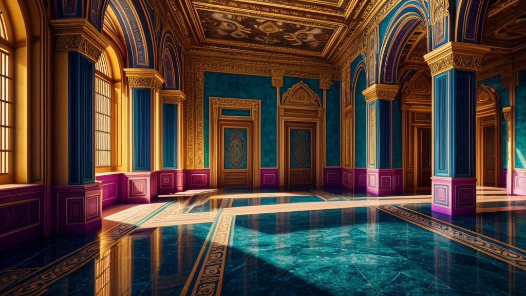 Beautiful murals in the palace. Walking through the halls of the Palace of Atlantis,Admire the exquisite murals,Learn the legendary story. shot at 8k resolution, Each mural is a masterpiece of color and composition. Lighting enhances vitality, Cast soft shadows to add depth. Witness the artistic splendor of Atlantis, made with unreal engine, Presented in the vivid colors of the ProPhoto 8K spectrum.
