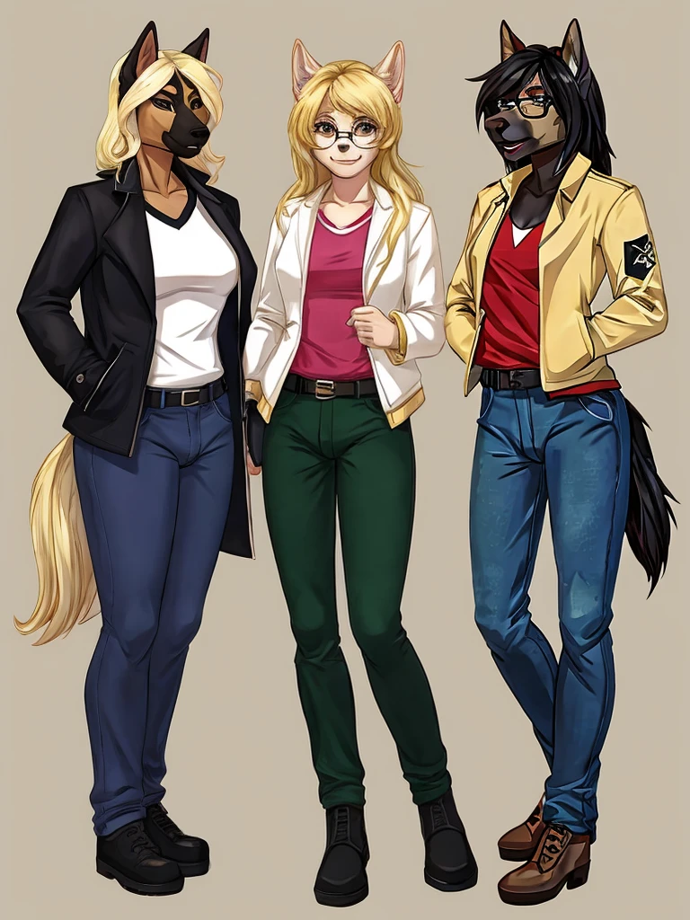 furry, furysona, draw, german shepherd, glasses black, girl, pants jean green, jacket black, hair blonde long style, single, background, woman chest, bulge, height 7'10, trans girl, penis horse