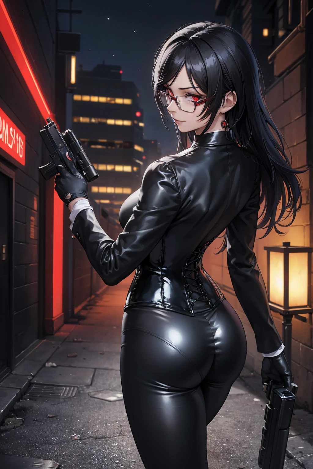 1 woman, standing, with seductive expression, loving smile, view from behind, perfect ass, detailed eyes, pose sexy, long black hair, his super detailed glowing eyes, Full lips painted red, chiseled physique and wide hips.  glasses, choker:1.6, (long sleeve white collar buttoned shirt), (shiny black corset), black gloves covering your hands, holding a gun with the right hand, (shiny black leggings), Walking in a dark alley at night, This image oozes realism., capturing the essence of a fragile figure. digital art, photorealistic and high definition technique