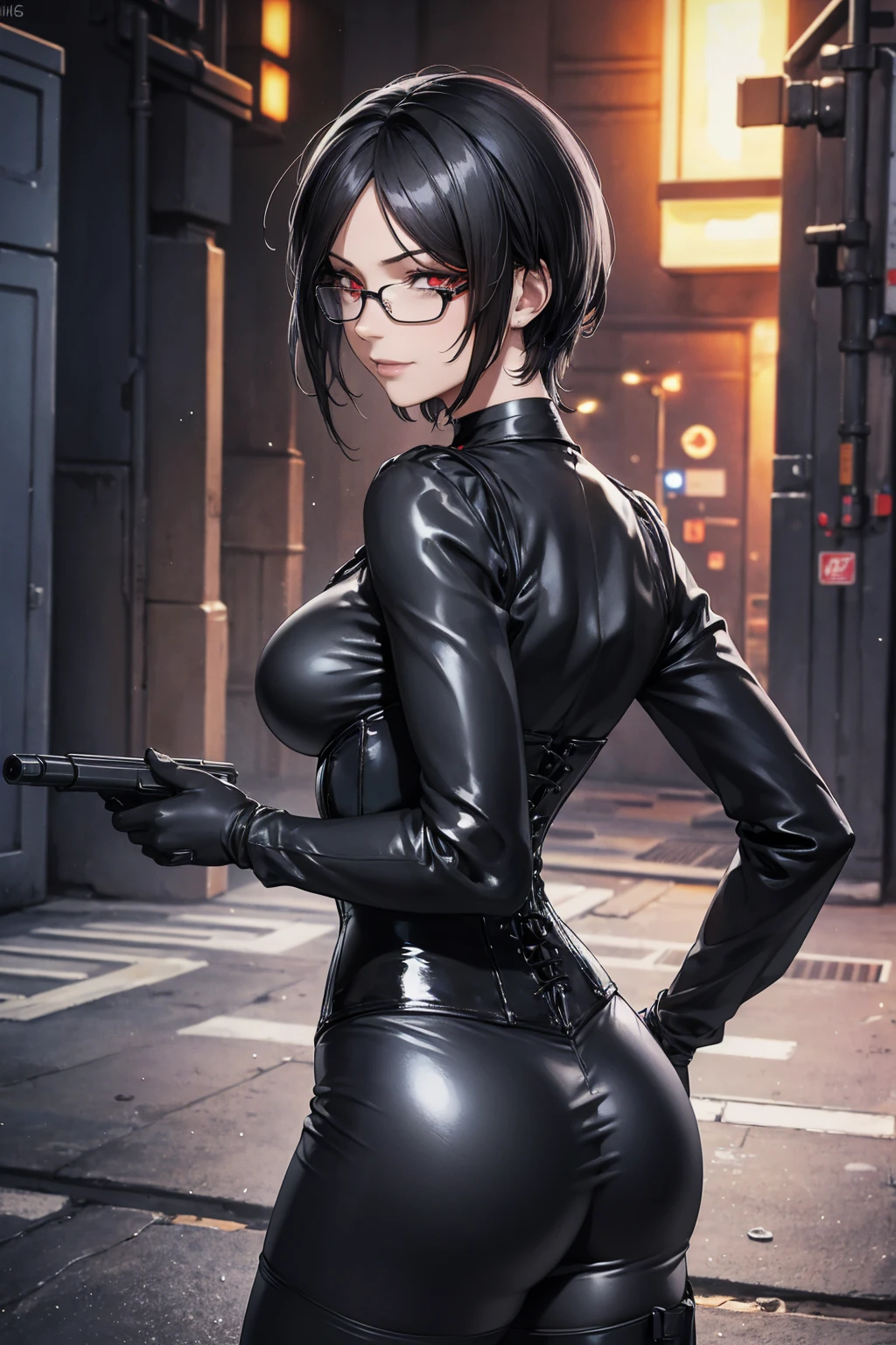 1 woman, standing, with seductive expression, loving smile, view from behind, perfect ass, detailed eyes, pose sexy, long black hair, his super detailed glowing eyes, Full lips painted red, chiseled physique and wide hips.  glasses, choker:1.6, (long sleeve white collar buttoned shirt), (shiny black corset), black gloves covering your hands, holding a gun with the right hand, (shiny black leggings), Walking in a dark alley at night, This image oozes realism., capturing the essence of a fragile figure. digital art, photorealistic and high definition technique