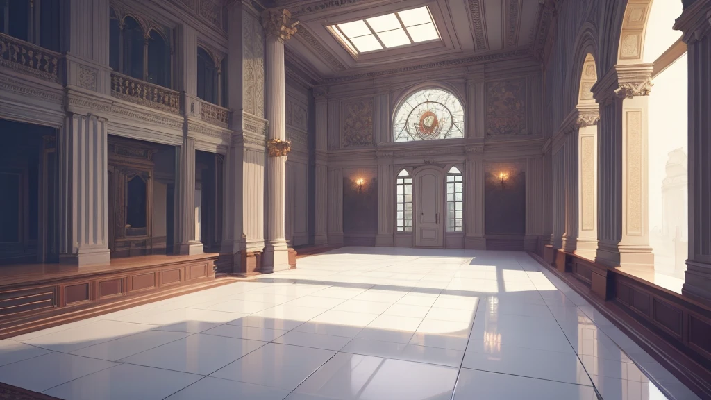 Academic Hall,elegant,High target,White adaptive floor tiles,flow,game illustration,Original painting style