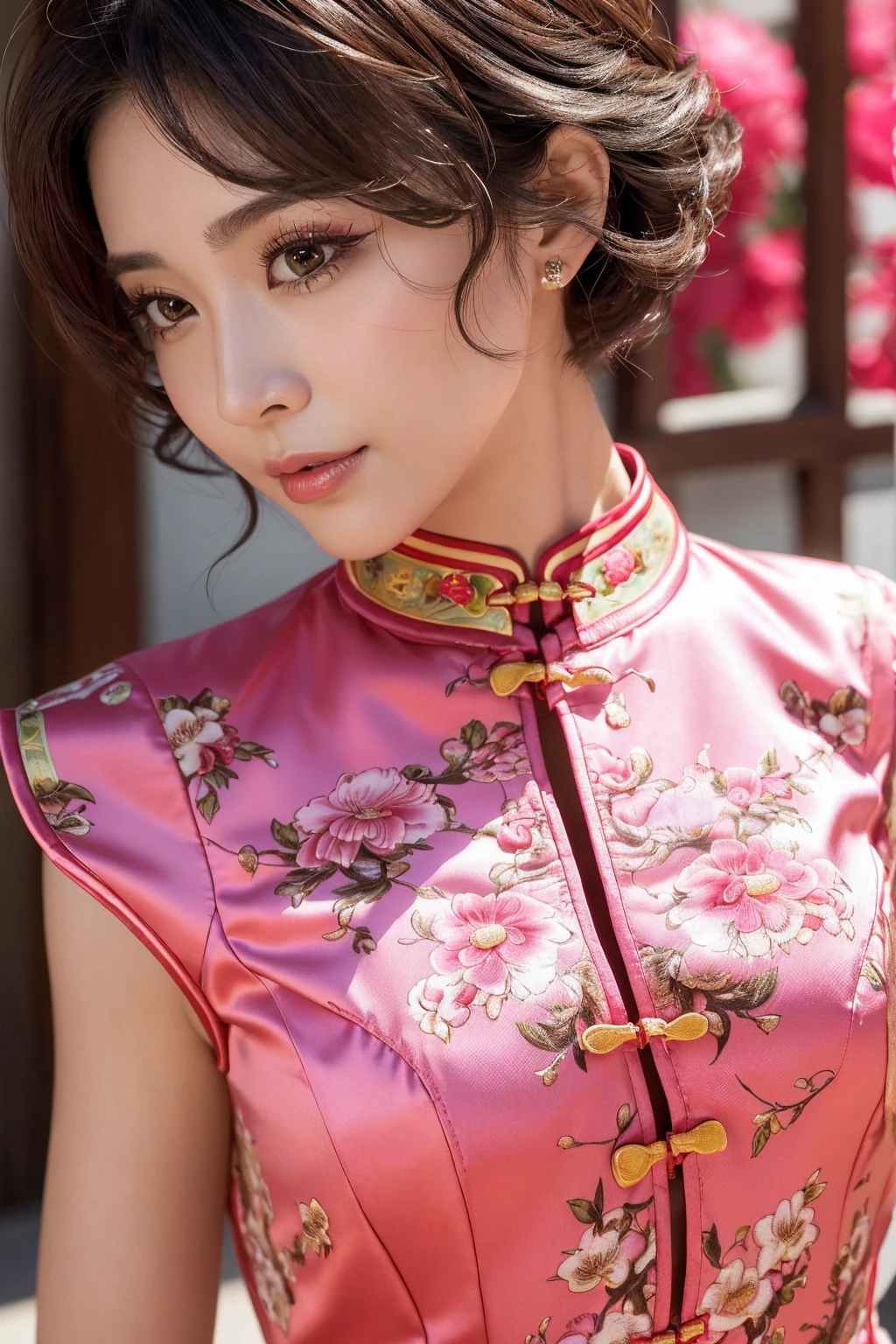(best quality、4k、8k、high-res、 masterpiece:1.2)、ultra detailed、(realistic、photorealistic)、(1woman:1.3 22-year-old)、brown_eyes、((Fujicolor、daytime soft lighting)、fashion supermodel、(ultra detailed short curly hair)、(pink_makeup:1.2)、BREAK (Classic and sexy red cheongsam、 Detailed decoration:1.3)、(Fitted clothing:1.3)、dynamic pose、((close-up of her face: 1.33))