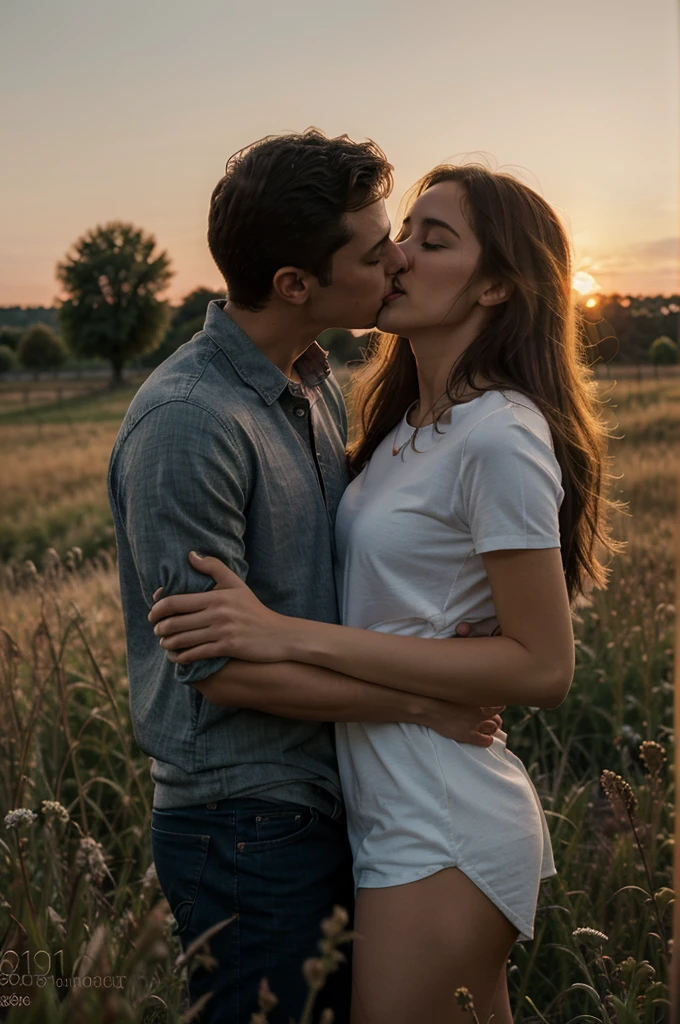 Photograph of a couple kissing, a man holding a woman in his arms in a romantic moment, open field scenery at sunset, 8k, super detailed, super defined, maximum quality