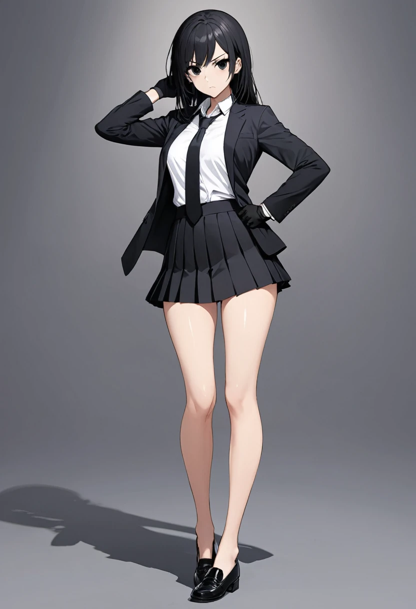 the greatest masterpiece , Black miniskirt , pleated skirt , thighs , bare legs , black hair , black eyes , Black gloves , black shoes , shorts blazer , dress shirt , business attire , black long tie , face , standing posture , shot , whole body , assassin
