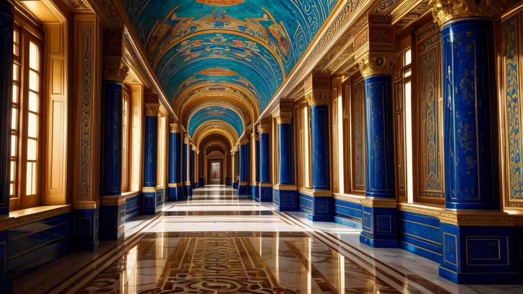 Beautiful murals in the palace. Walking through the halls of the Palace of Atlantis，Admire the exquisite murals，Learn the legendary story. shot at 8k resolution, Each mural is a masterpiece of color and composition. Lighting enhances vitality, Cast soft shadows to add depth. Witness the artistic splendor of Atlantis, made with unreal engine, Presented in the vivid colors of the ProPhoto 8K spectrum.