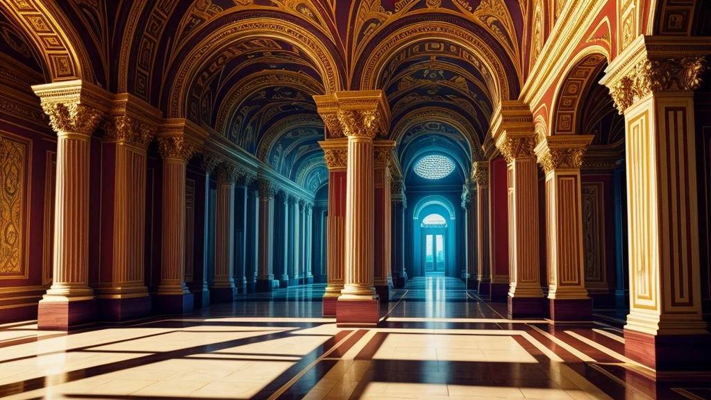 Beautiful murals in the palace. Walking through the halls of the Palace of Atlantis,Admire the exquisite murals,Learn the legendary story. shot at 8k resolution, Each mural is a masterpiece of color and composition. Lighting enhances vitality, Cast soft shadows to add depth. Witness the artistic splendor of Atlantis, made with unreal engine, Presented in the vivid colors of the ProPhoto 8K spectrum.