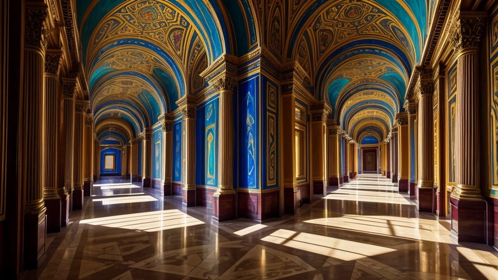Beautiful murals in the palace. Walking through the halls of the Palace of Atlantis，Admire the exquisite murals，Learn the legendary story. shot at 8k resolution, Each mural is a masterpiece of color and composition. Lighting enhances vitality, Cast soft shadows to add depth. Witness the artistic splendor of Atlantis, made with unreal engine, Presented in the vivid colors of the ProPhoto 8K spectrum.