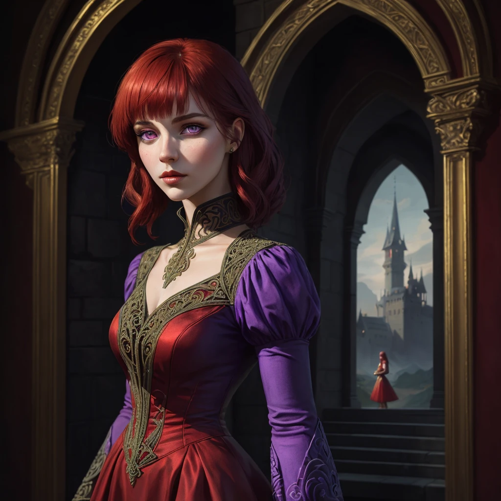 (masterpiece), (extremely intricate:1.3), (realistic), Woman in a full red dress standing in a castle, hair in a vivid fiery red color, with blunt bangs styled hair, Fantasy art style, elegant gothic princess, a beautiful character painting, rich and deep colors by Guweiz, Cynthia Sheppard, neoartcore, and Charlie Bowater. Camera angle: Medium shot, capturing the regal and mystical ambiance of the scene, (detailed face:1.2), (purple eyes:1.2)