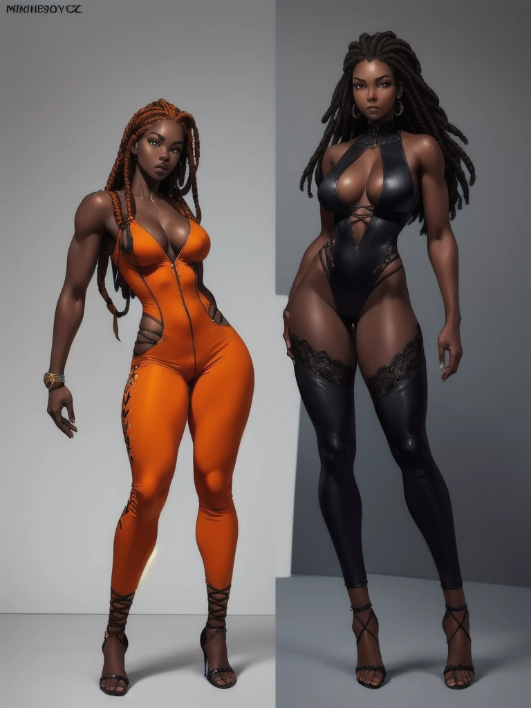 ((best quality)), ((4k)), ((highres)), ((masterpiece:1.2)). ((detailed)), ((ultra realistic)), ((intricate details)), ((full body picture)), ((character design sheet)), a full body picture of a beautifull Ebony skinned female, black woman, dark skin, ebony princess, ebony model, perfect face, detailed eyes, detailed lips, posing with her arms above her head, ((arms above her head)), about 25 years old, about 5'7 ft. tall, long thin dreadlocks down to her hips, ((emphasis on her long thin dreadlocks down to her hips)), pretty, feminine woman, toned body but not too muscular looking, hourglass figure, dressed in a skin-tight sleeveless full body orange jumpsuit, ((emphasis on the skin-tight sleeveless full body orange jumpsuit)), showing cleavage, glamorous, strappy lace up high, fighting game character concept art, tekken character design, the king of fighters character concept, full bofy, full body concept art, full body art
