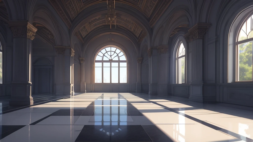Academic Hall,elegant,High target,White adaptive floor tiles,flow,game illustration,Original painting style