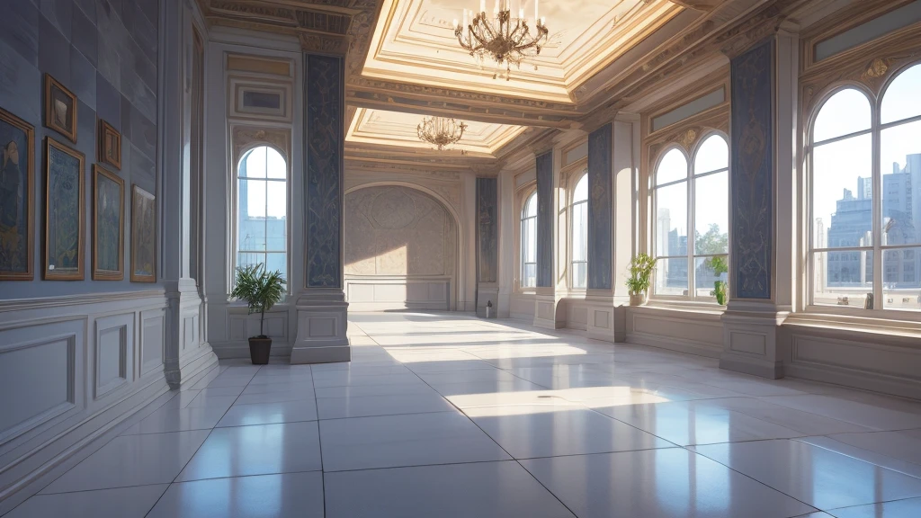 Academic Hall,elegant,High target,White adaptive floor tiles,flow,game illustration,Original painting style