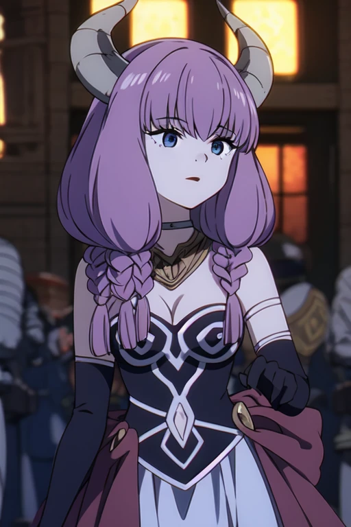 ((Best quality))), ((Ultra-detailed)), ((illustration)), ((Disheveled hair)), ((frilld)), (1 girl), (Solo), 1girl,blurry,blurry_background,blurry_foreground,bokeh,breasts,depth_of_field,dress,focused,hair_flaps,hairband,hand_on_own_chest,indoors,long_hair,motion_blur,photo_(medium),photo_background,solo,rating:safe,Princess_dress, pink hair,grey hair,Horns,