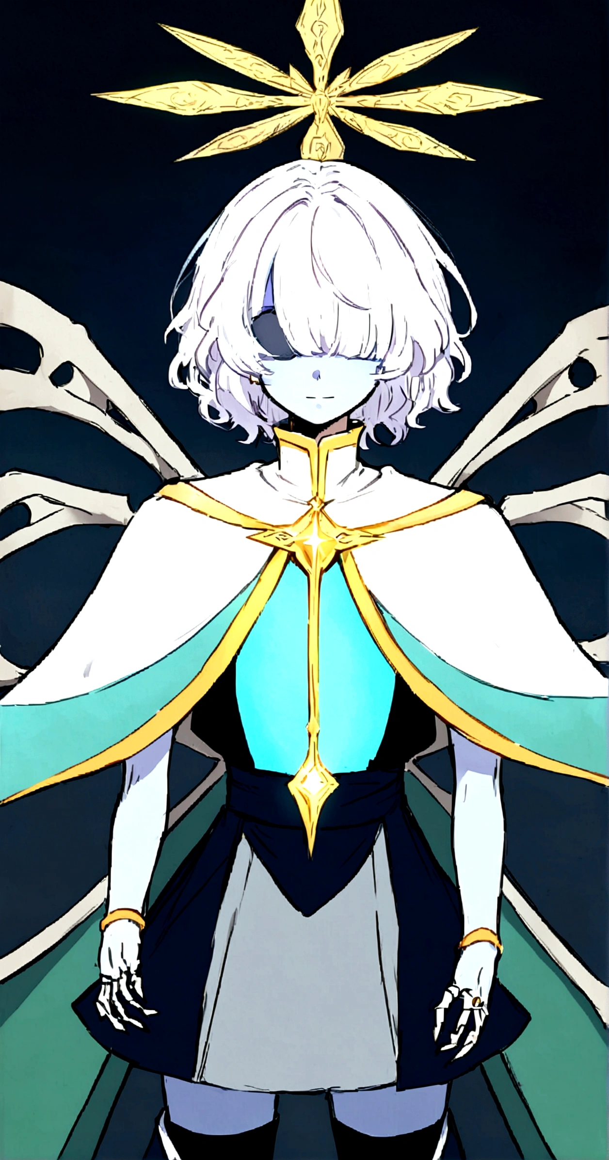 anime character with white hair and blue skeletal cape and wings, anime land of the shining, albedo from the anime overlord, white haired deity, portrait knights of the zodiac girl, offcial art, delicate androgynous prince, cute androgynous prince, flowing cape, coloured lineart, tower of god, ((wearing aristocrat robe)), clear lineart and color 