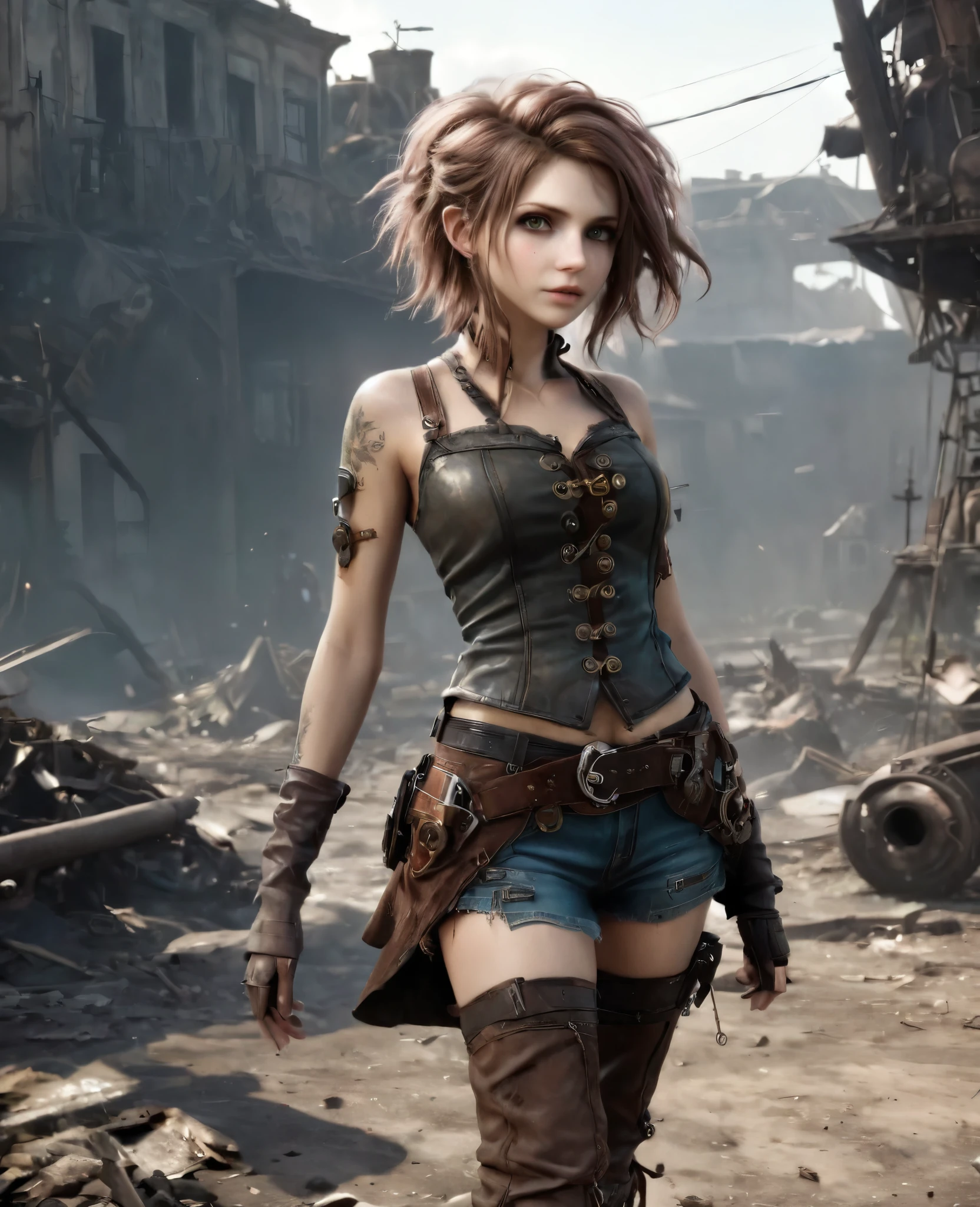 (((high resolution))), (((extremely detailed))), ((masterpiece)), dramatic shadows, depth of field, analog photo style, (world in which are collide steampunk and postapocalyptic vibes), postapocalyptic cute female in steampunk torn dirty clothes, looks like Aerith Gainsborough, depth of field, full body shot, unzoomed, (perfect body: 1.4), (sidecut short hairstyle), (stalking is quite common, although not the best way to make a living), looks interested, stylized atmosphere of unreality, dark aesthetic, dynamic pose, in motion, Armageddon, increase cinematic lighting, highly lifelike skin texture, parted lips, weary eyes, fine eyes, whitened skin, random hair colour, doomsday aura,