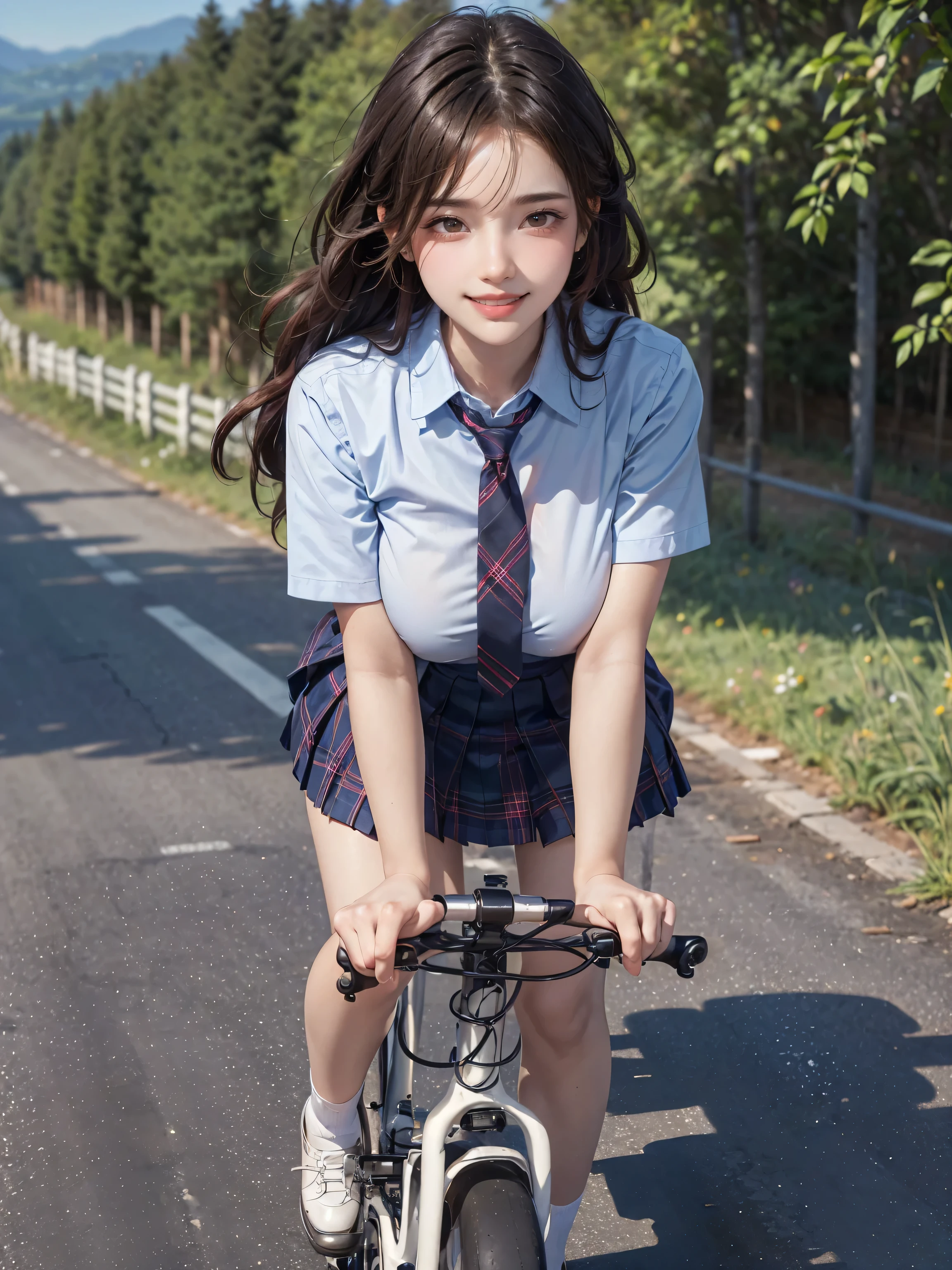(masterpiece:1.3, Highest quality, Ultra-high resolution, Super detailed), (Realistic, photoRealistic:1.4), Perfect lighting, nature光, colorful, Depth of written boundary, Browsing Caution, Surrealism, Front view,Beautiful detailed hair, Beautifully detailed face, Beautiful fine details, Beautiful valley,Beautiful clavicle, Beautiful body, thin脚,Beautiful feet, Beautiful breasts,Beautiful Hands, thin, ((1 girl)), Perfect Face, Long eyelashes,Perfect Anatomy, Supermodel with a long neck,((Skinny1.2)),(Determined girl riding her bike uphill on a winding country road:1.4)), ((from side)),looking at the camera,(Perfect Anatomy,Highly detailed skin), Shiny skin,((beautiful girl:1.1)),(( large breasts:1.3)), ((Cute smile:1.3)),(Mid-length hair:1.4, Wavy Hair:1.2, Black Hair) ,hair over one eye, Dainty facial structure,photo shoot, Sharp focus, Face Light,((school uniform, navy skirt in plaid skirt)),((school uniform, short sleeve shirt:1.2)), ((school uniform, tie)), Red hair ribbon,Slope,You can see the ocean,((blue sky)),nature, morning,((Bird’s Eye View))