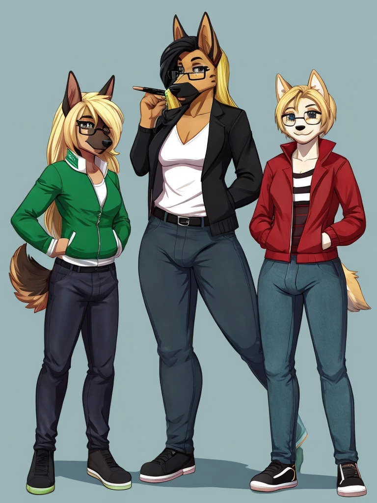 furry, furysona, draw, german shepherd, glasses black, girl, pants jean green, jacket black, hair blonde long style, single, background, woman chest, bulge, height 7'10