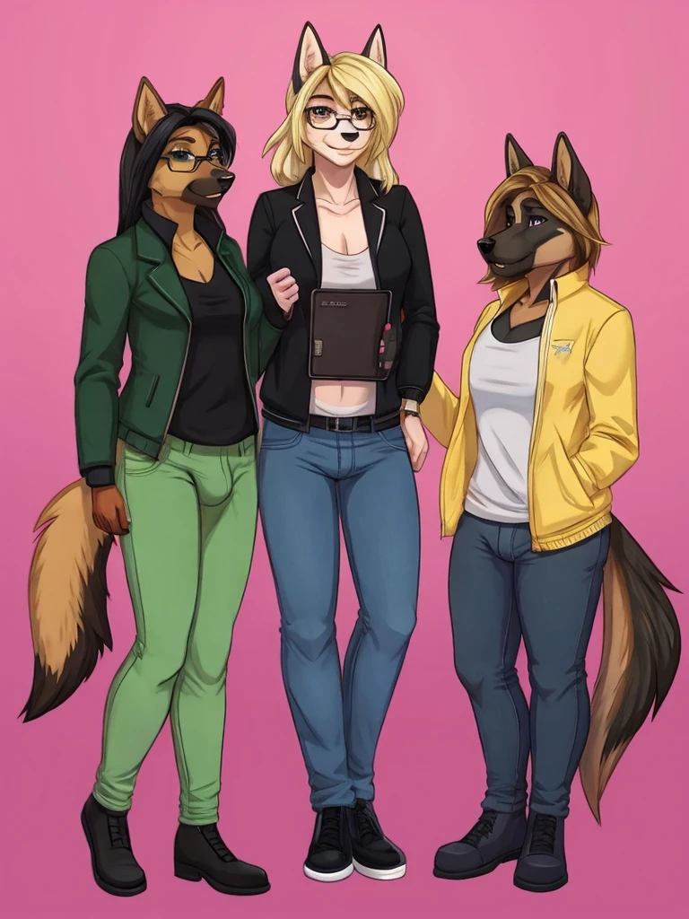 furry, furysona, draw, german shepherd, glasses black, girl, pants jean green, jacket black, hair blonde long style, single, background, woman chest, bulge, height 7'10, trans girl, dick horse canine