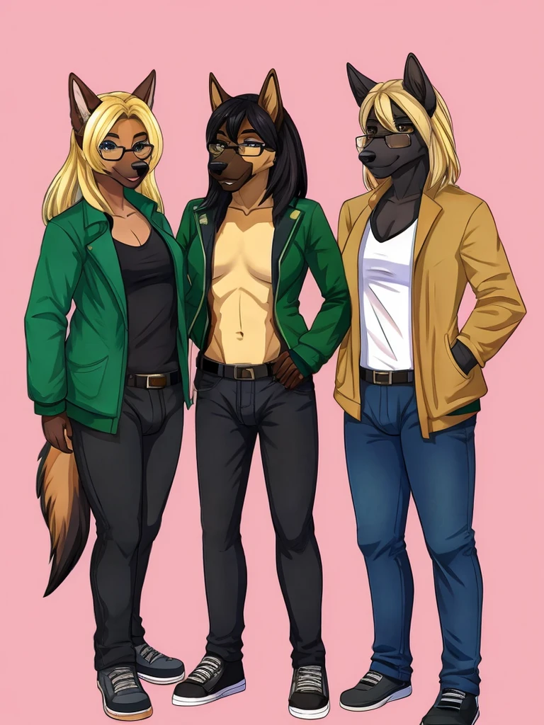 furry, furysona, draw, german shepherd, glasses black, girl, pants jean green, jacket black, hair blonde long style, single, background, woman chest, bulge, height 7'10