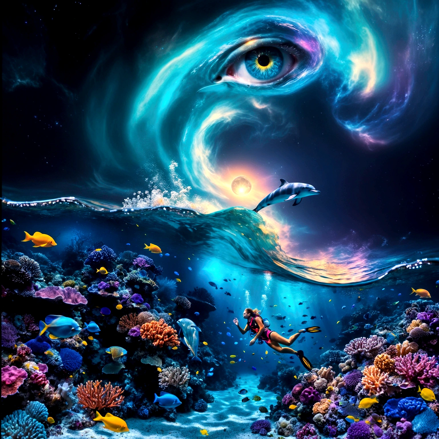 a dreamlike and captivating underwater scene, where imagination meets reality. In the foreground, (( a woman diver detailed explores the depths of a colorful coral reef, surrounded by small bioluminescent creatures that dance around her, leaving behind luminous trails )). The tropical fish with pulsating lights and the vibrant corals of all colors enhance the brilliance of this underwater landscape. Bioluminescent orbs float in the water, emitting a soft blue light and creating mystical reflections. As we move towards the water's surface, the composition transforms into a cosmic vision. A powerful wave breaks, revealing within its swirling crests a massive human eye, symbolizing divine observation. Just above this wave, a dolphin leaps gracefully, leaving behind a trail of stardust, connecting the sea and the starry sky. Ethereal bubbles reflecting the cosmic sky float gently around the underwater scene.The sky in the background is a blend of blue, violet, and golden hues, with a luminous moon that appears both near and far. The scene is enveloped in a shimmering mist, giving it an ethereal quality. This fusion of marine and celestial elements creates a surreal and poetic scene, inviting the viewer to dive into a waking dream where the boundaries between worlds blur.