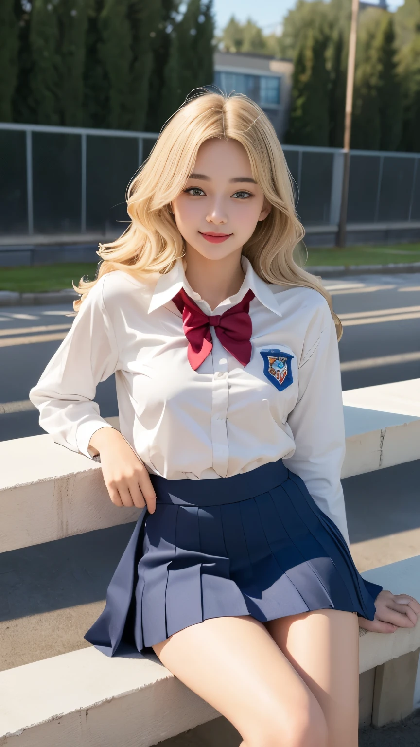 ((best quality, 8 thousand, masterpiece:1.4)), (20 year old woman), ((very small face:1.3)), (sagging breasts:1.4), Highly detailed face and skin textures, detailed eyes, Italian woman, (blonde wavy very long hair:1.3), ((beautiful body:1.3)), (slim waist), ((student uniform:1.4)), (In a spacious and comfortable school playground), bright smile, (엄청나게 sagging breasts:1.4), her legs are beautiful, knee, Leaning,
