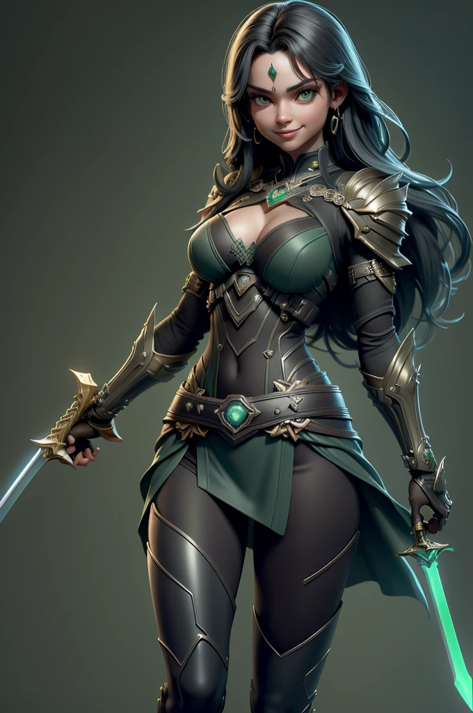 gorgeous woman, warrioress, with futuristic sword wrapped in dark structure, green leds, Beautiful girl, Waist slender, imponent pose, Grinning