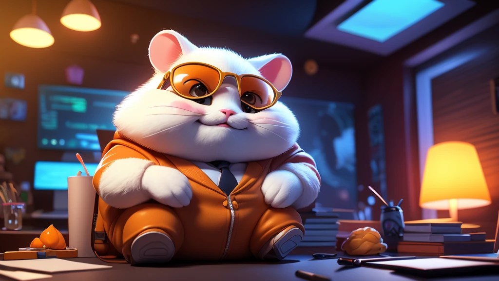 a close up of a tall orange and white hamster, cute face with fat cheeks, dressed in a suit and sunglasses, furry art, looking heckin cool and stylish, , big chungus boss, neon dark room background, sitting at a table with a laptop and a microphone, unsplash, realism, , in a streamer studio room, neon ambiance , looking to camera, portrait shot 8 k, photo portrait, looking towards the camera , ultra detail, high resolution, ultra detailed, best quality, amazing, top quality, extremely detailed CG unity 8k wallpaper, cinematic lighting.

