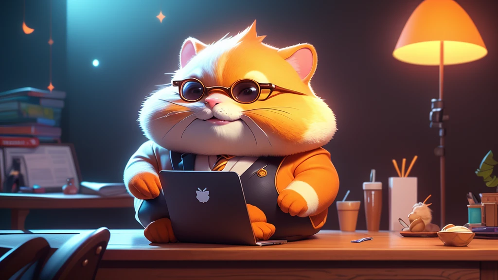 a close up of a tall orange and white hamster, cute face with fat cheeks, dressed in a suit and sunglasses, furry art, looking heckin cool and stylish, , big chungus boss, neon dark room background, sitting at a table with a laptop and a microphone, unsplash, realism, , in a streamer studio room, neon ambiance , looking to camera, portrait shot 8 k, photo portrait, looking towards the camera , ultra detail, high resolution, ultra detailed, best quality, amazing, top quality, extremely detailed CG unity 8k wallpaper, cinematic lighting.