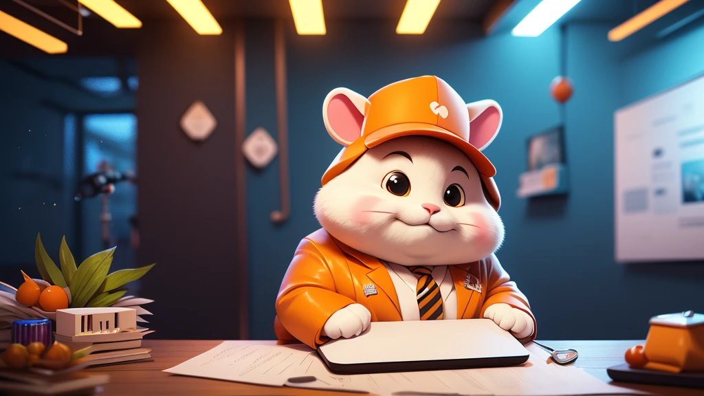 a close up of a tall orange and white hamster, cute face with fat cheeks, dressed in a suit and sunglasses, furry art, looking heckin cool and stylish, , big chungus boss, neon dark room background, sitting at a table with a laptop and a microphone, unsplash, realism, , in a streamer studio room, neon ambiance , looking to camera, portrait shot 8 k, photo portrait, looking towards the camera , ultra detail, high resolution, ultra detailed, best quality, amazing, top quality, extremely detailed CG unity 8k wallpaper, cinematic lighting.