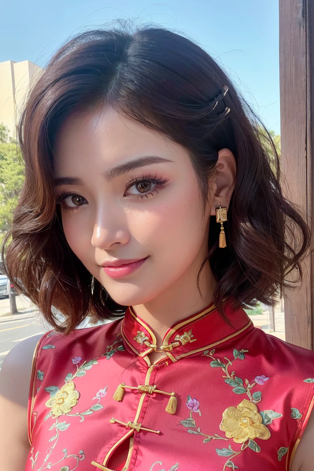 (best quality、4k、8k、highres、 masterpiece:1.2)、ultra detailed、(realistic、photorealistic)、(1woman:1.3 22-year-old)、brown_eyes、((Fujicolor、daytime soft lighting)、fashion supermodel、(ultra detailed short curly hair)、(pink_makeup:1.2)、BREAK (Classic and sexy red cheongsam、 Detailed decoration:1.3)、(Fitted clothing:1.3)、dynamic pose、((close-up of her face: 1.33))
