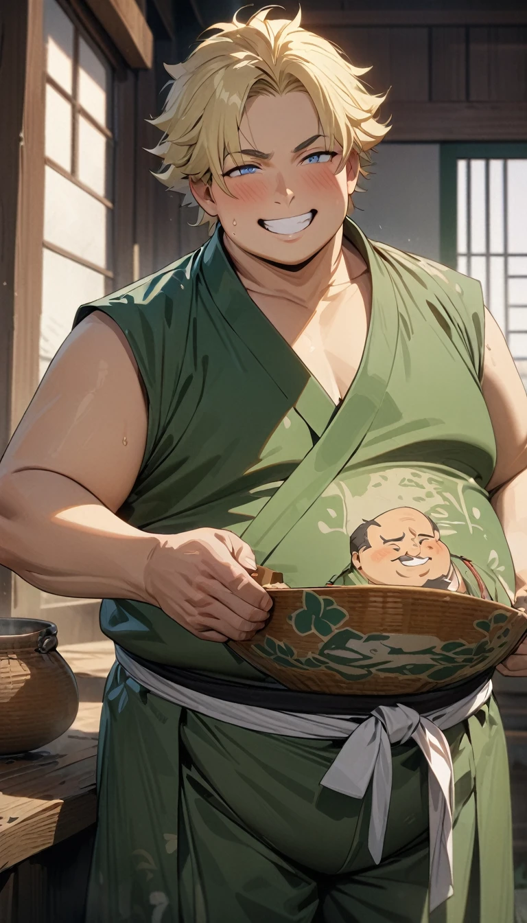 Adult guy, very short blonde hair, blue eyes, smile, fat guy, green kimono, kimono pants, sleeveless, Drunken Master, Masterpiece, best quality, Full HD, 8k, ultra details, great graphic