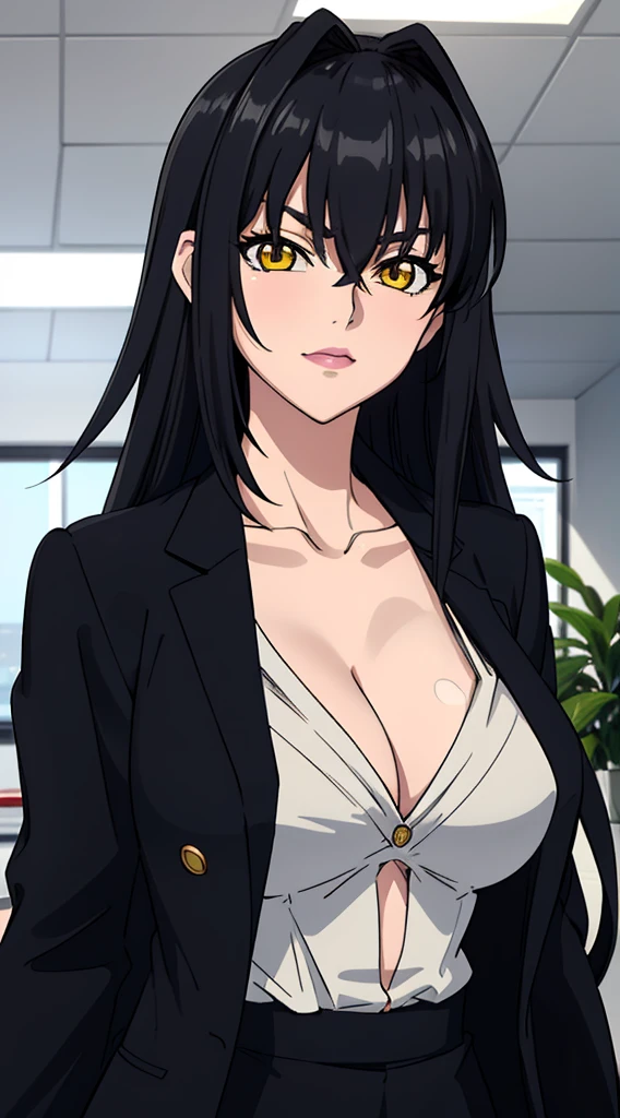 professional artwork, Intricate Details, field of view, sharp focus, detailed painting, photorealistic lighting, trending on pixiv,(masterpiece:1.0),(best_quality:1.0), ultra high res, ultra-detailed, photography, 8K, HDR, highres, absurdres:1.2, Kodak portra 400, film grain, sharp focus, bokeh:1.2, lens flare, (vibrant_color:1.2), (((indoors, dark night district))), Annerose, 1girl, female mature, ((long hair, black hair:1.4)), (yellow eyes), large breasts, ((formal clothes, office suit:1.4)), soft skin, hair intakes, (solo:1.4), (upper body, half body shot, caring), confident, energetic,Big breasts and sexy clothes